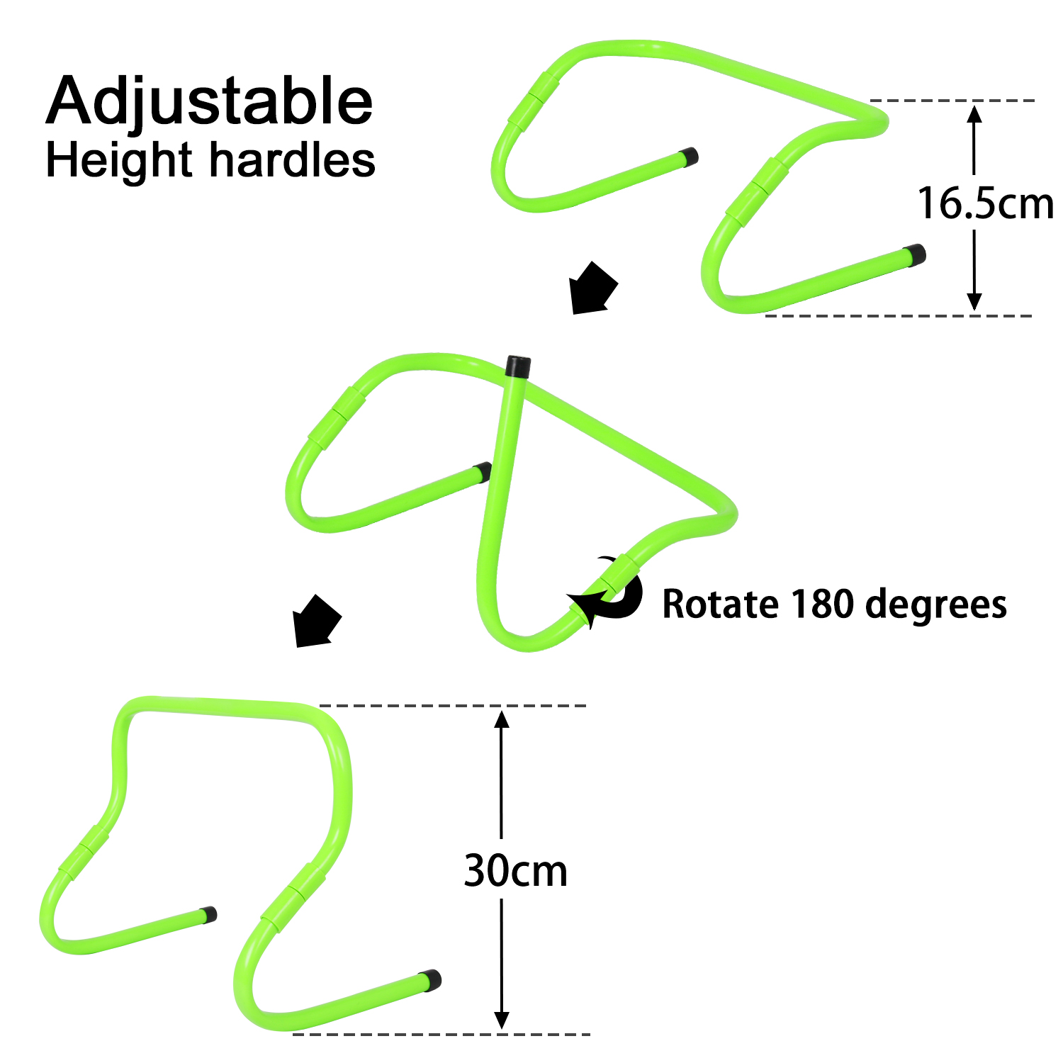 ADJUSTABLE HURDLE This height-adjustable agility hurdle allows you to adjust your hurdle to heights of 8 inches or 11.8 inches. This allows you to adjust the hurdle to suit people of different heights, including adults and children. It’s also great for customizing your workouts to suit your fitness and ability levels. You adjust the heights by turning the legs either left or right.