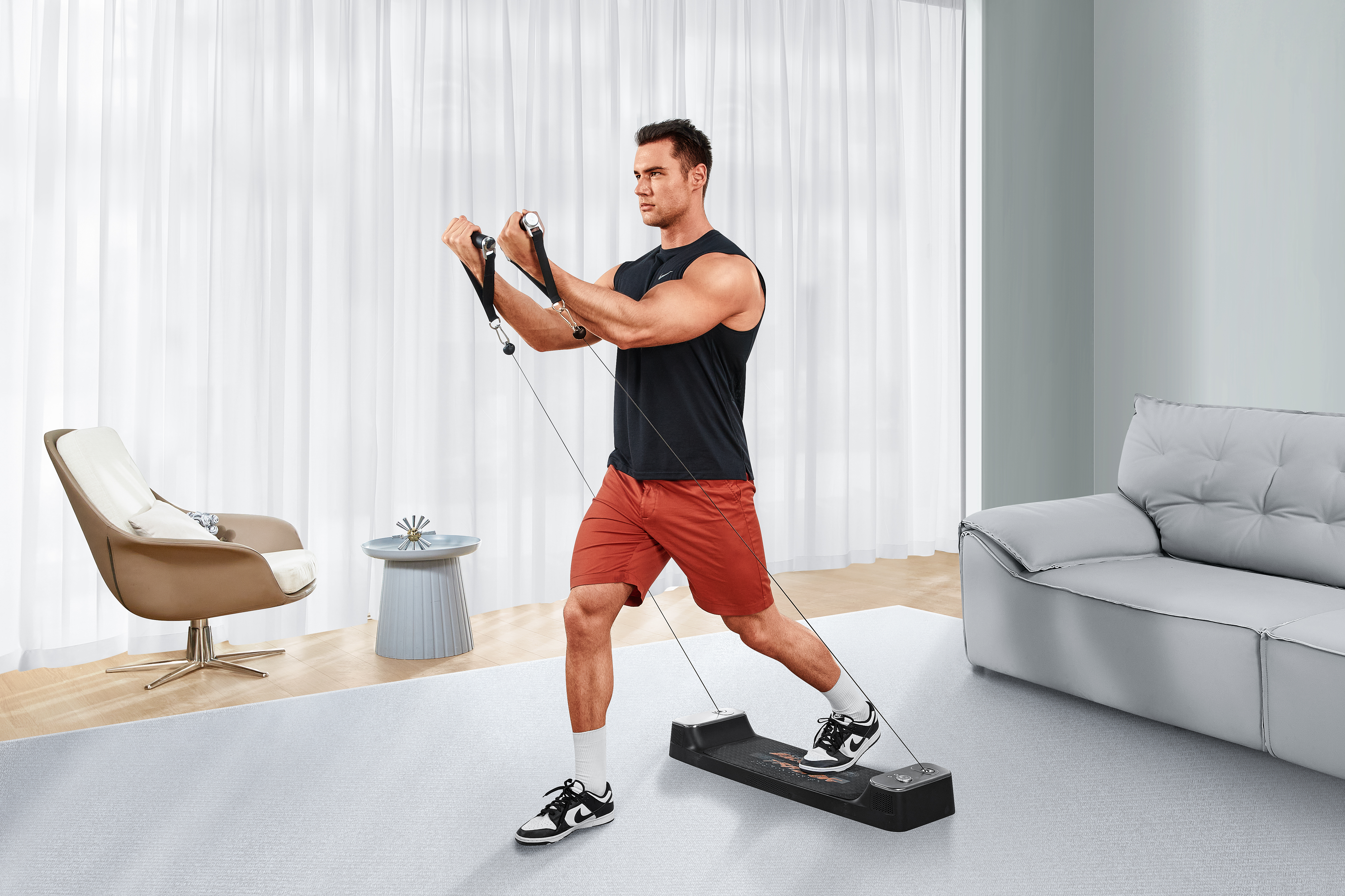 6 IN 1 Everything You Need The ProCircle digital resistance trainer Matching long bar (Included) and fitness bench, it can be used as a weight bench, rowing machine, gantry frame, squat rack, dumbbell barbell, etc.