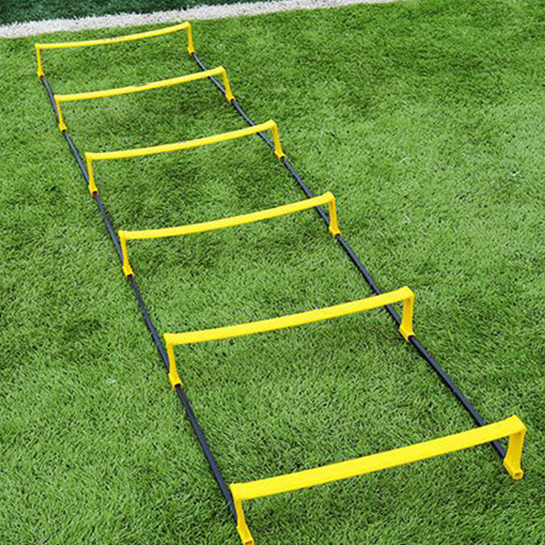 FULLY ADJUSTABLE 8, 12 AND 20 RUNG DESIGN Our agility ladders has space between rungs that is adjustable up to 15" inch with nylon straps for different levels, skill sets and exercises. This is a perfect sports ladder which suitable to meet all your workout demands. 